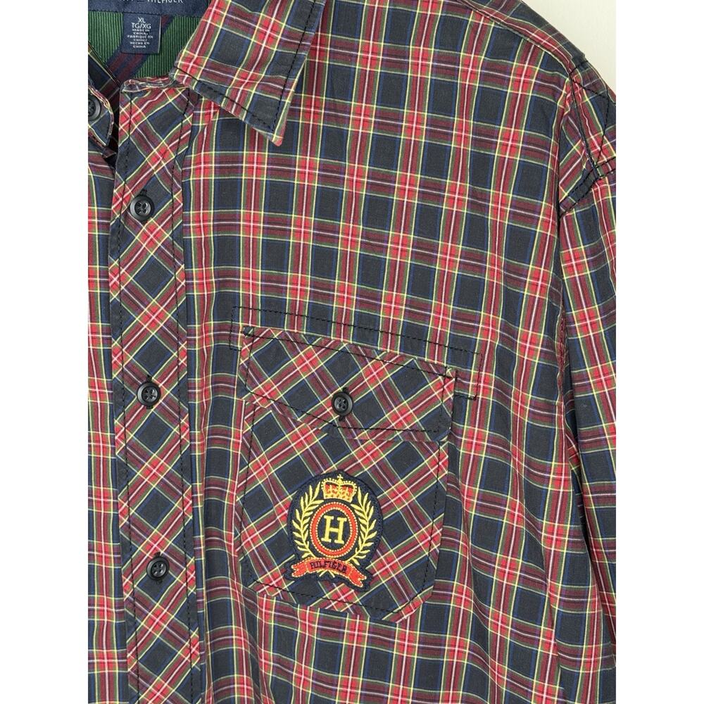 Tommy Hilfiger Big Logo Trim Fit Long Sleeve Button Up Shirt Men’s red Blue XL - Picture 2 of 12